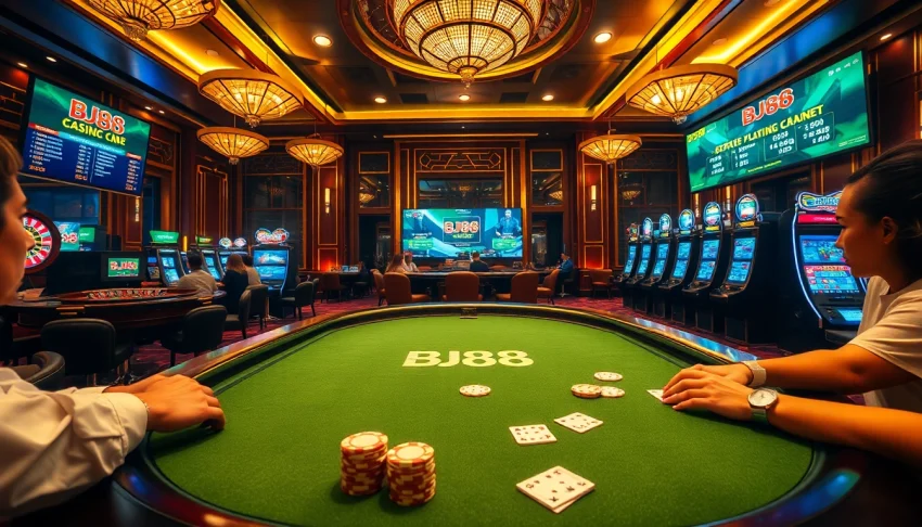 Players enjoying a thrilling game at the BJ88 casino, with vibrant chips and exciting action.