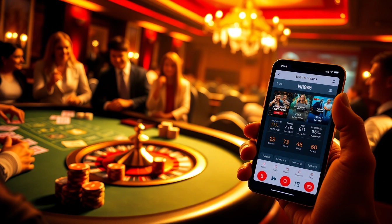NH88 online gambling scene featuring poker, roulette, and a mobile interface.