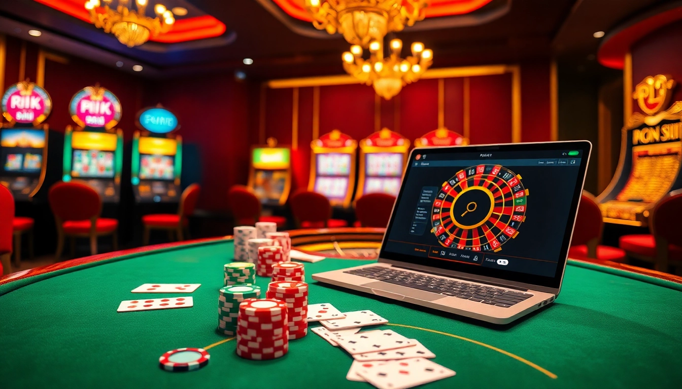 Experience excitement at the rik vip casino featuring poker tables, vibrant chips, and a roulette wheel.