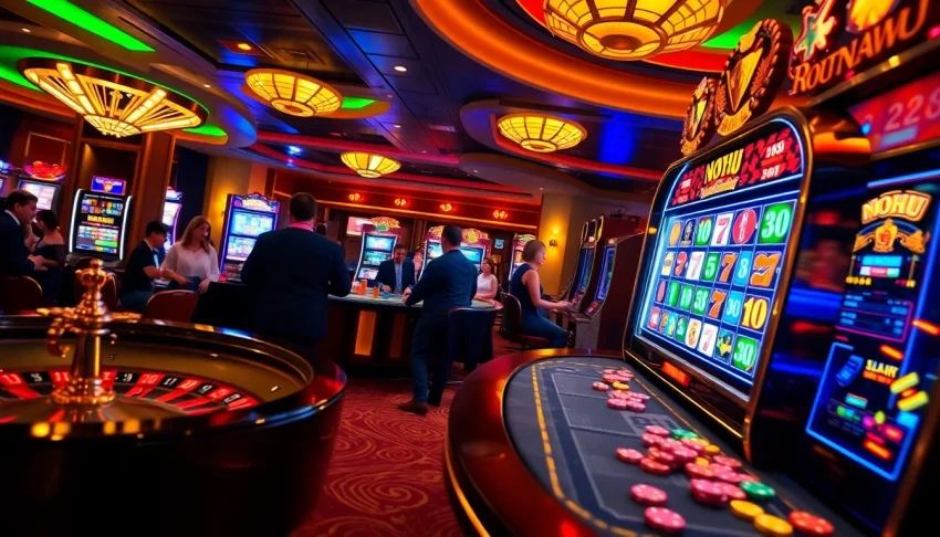 Play engaging games at the nohu-themed slot machine in a vibrant casino atmosphere.