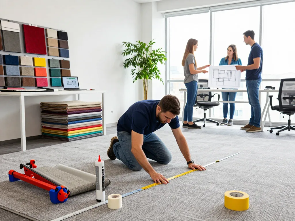 Commercial carpet installation in a modern office with professionals collaborating.