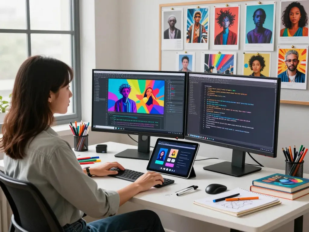 Creative workspace showcasing image to prompt generation with technology, art supplies, and natural light.