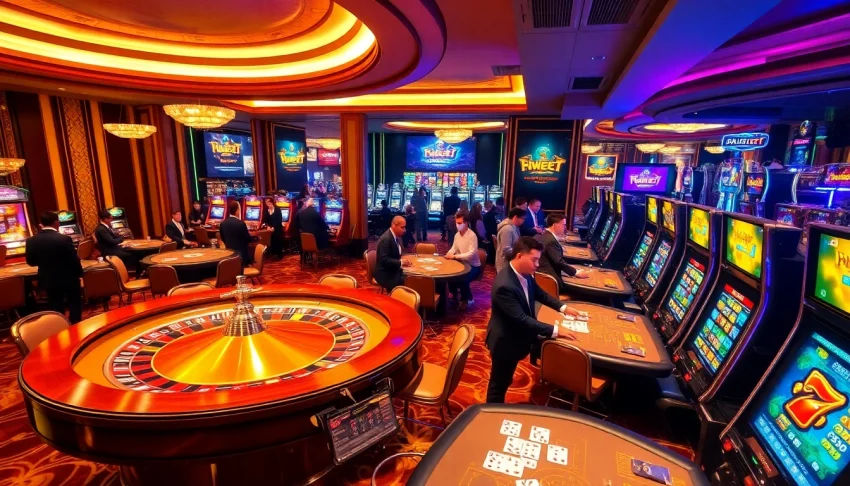 Experience thrilling gaming action at FIVE88's luxurious casino, filled with vibrant tables and excited players.