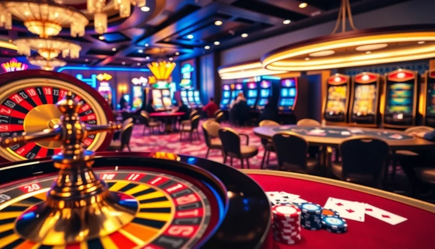 Exciting gaming atmosphere at XXGG casino with roulette wheel and poker players.