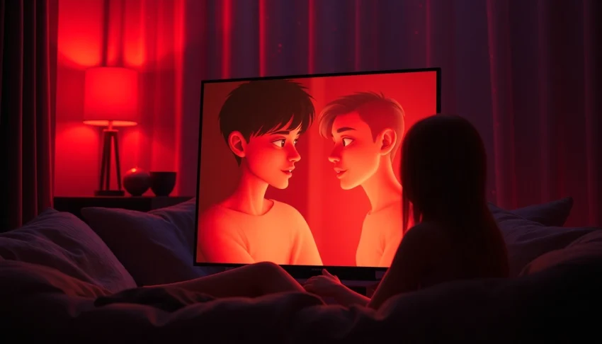 A cozy NSFW AI interaction setting with a lifelike character on-screen, warm colors, and intimate ambiance.