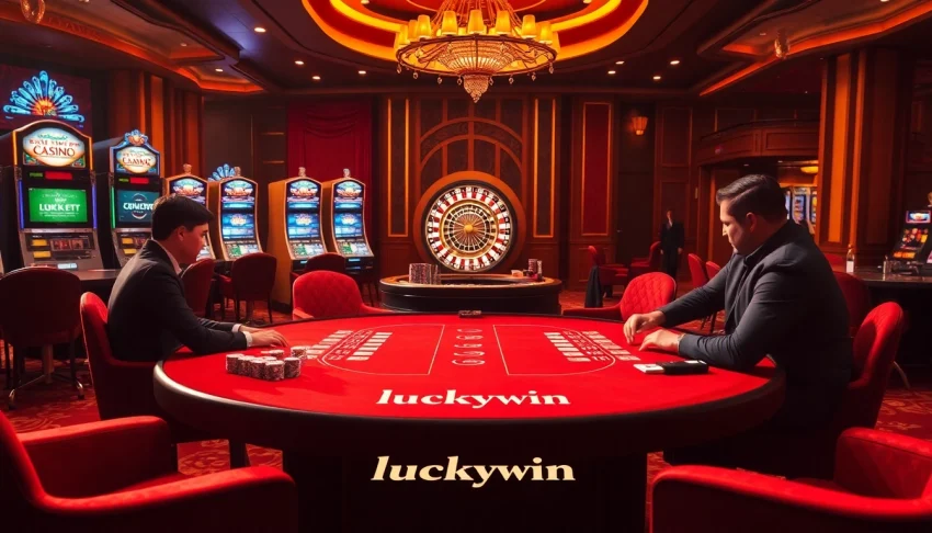 Experience thrilling gameplay at luckywin's luxurious casino with vibrant poker tables and elegant ambiance.