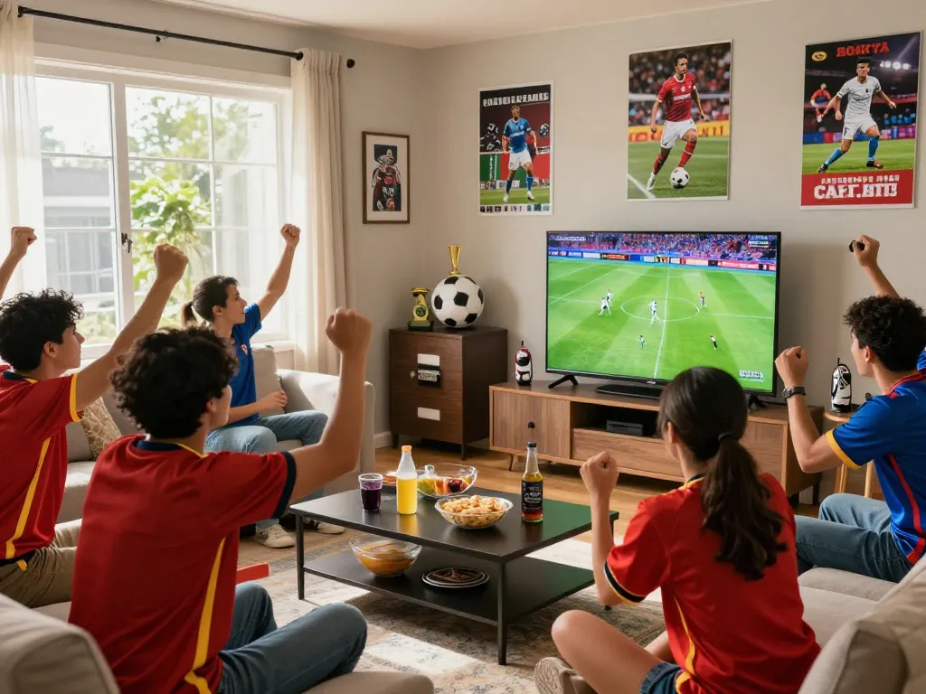 Friends enjoying the excitement of Trực tiếp bóng đá CakhiaTV in a lively home setting with snacks and team jerseys.