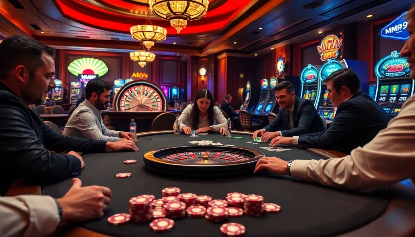 Experience the thrill of MM99 poker night with players at a luxurious table.