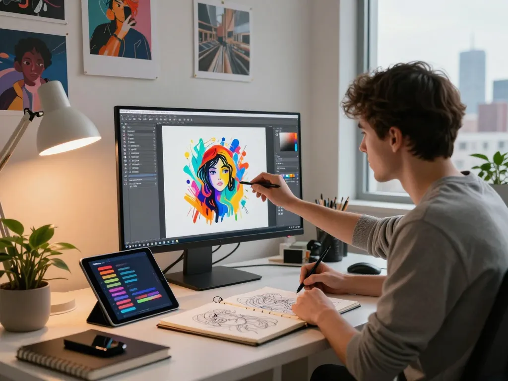Digital artist using an image to prompt generator tool to create unique AI art.
