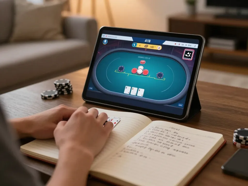 F168 players strategically betting on a tablet during an online poker session with cozy ambiance