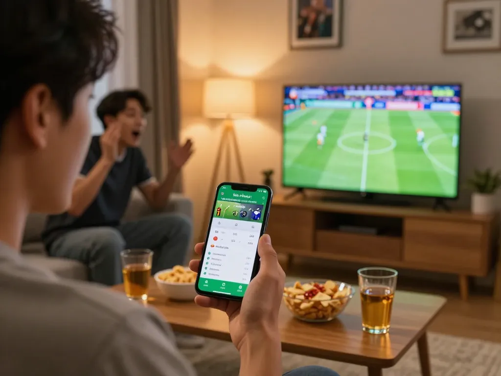 Kèo nhà cái app displaying live betting odds while sports betting enthusiast watches game excitedly.