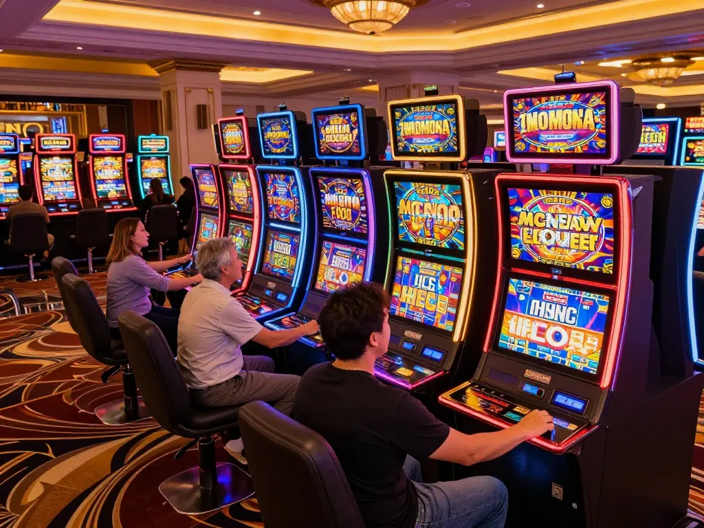 Engaging players enjoying Slot Malaysia experience at colorful casino slot machines