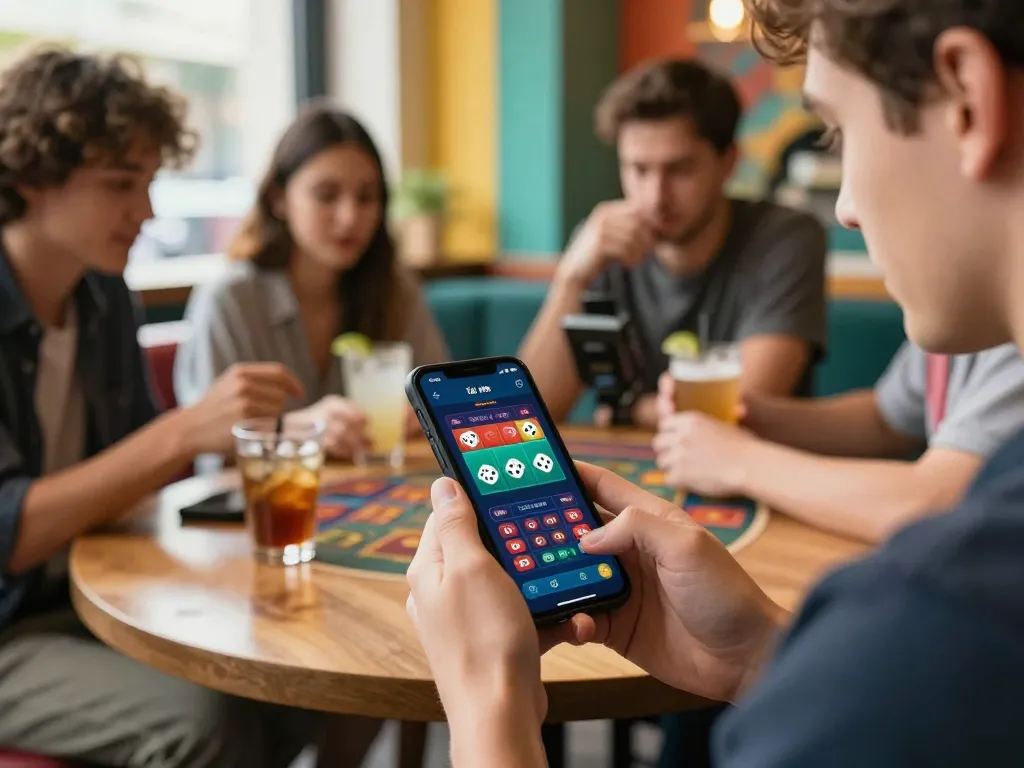 Playing app tài xỉu on smartphone in a lively café setting, capturing dynamic mobile gambling interactions.