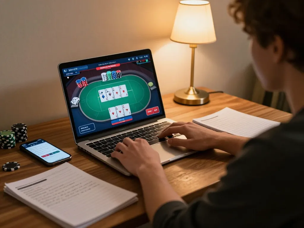 Play poker on Okfun's online platform with a focused player at home using a laptop