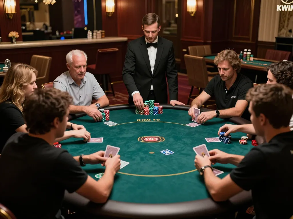 Players compete at a KWIN poker table, showcasing excitement and strategic gameplay in a luxurious casino setting.