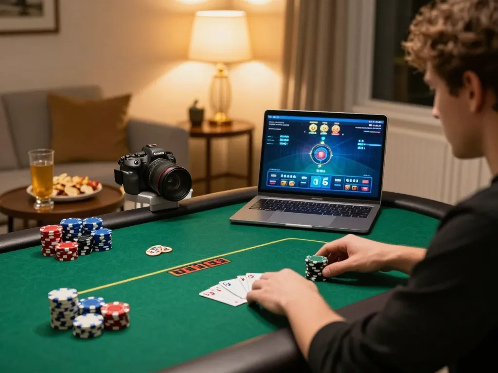Play poker online with MM88 in a cozy home setup, showcasing engaging gameplay and snacks.