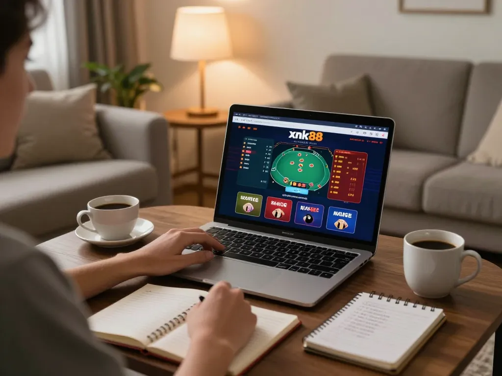 xnk88 player engaging in strategic online gambling at home with poker game displayed on laptop