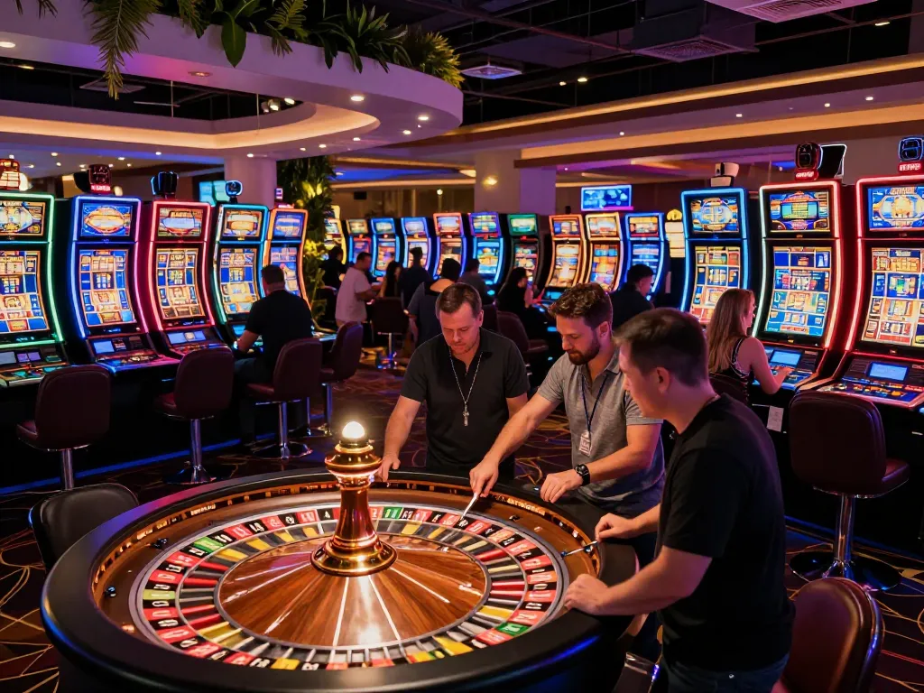 Players enjoy thrilling moments at the vibrant casino floor, featuring rokok 88 slot machines in action.