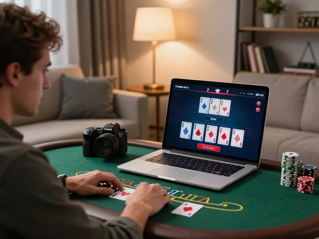 HB88 player strategizing on a live dealer blackjack game at home, showcasing a cozy gaming atmosphere.