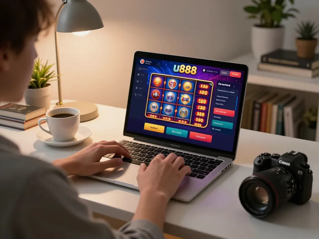 Experience exciting gameplay on u888 with vibrant slots displayed on a laptop.