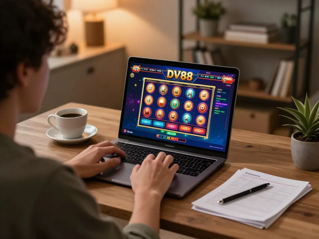 Engaged player exploring DV88 online casino gaming experience on laptop in cozy atmosphere