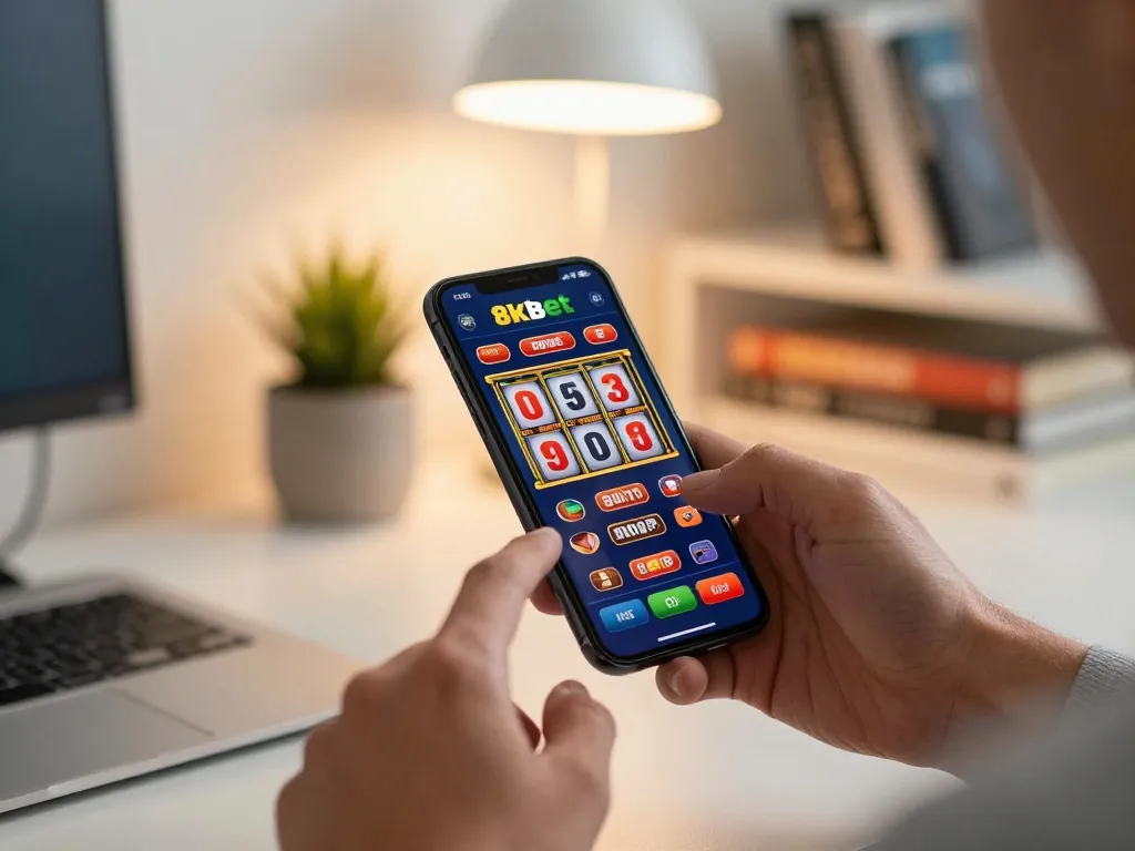 Player exploring exciting betting opportunities on 8kbet with smartphone, dynamic casino visuals