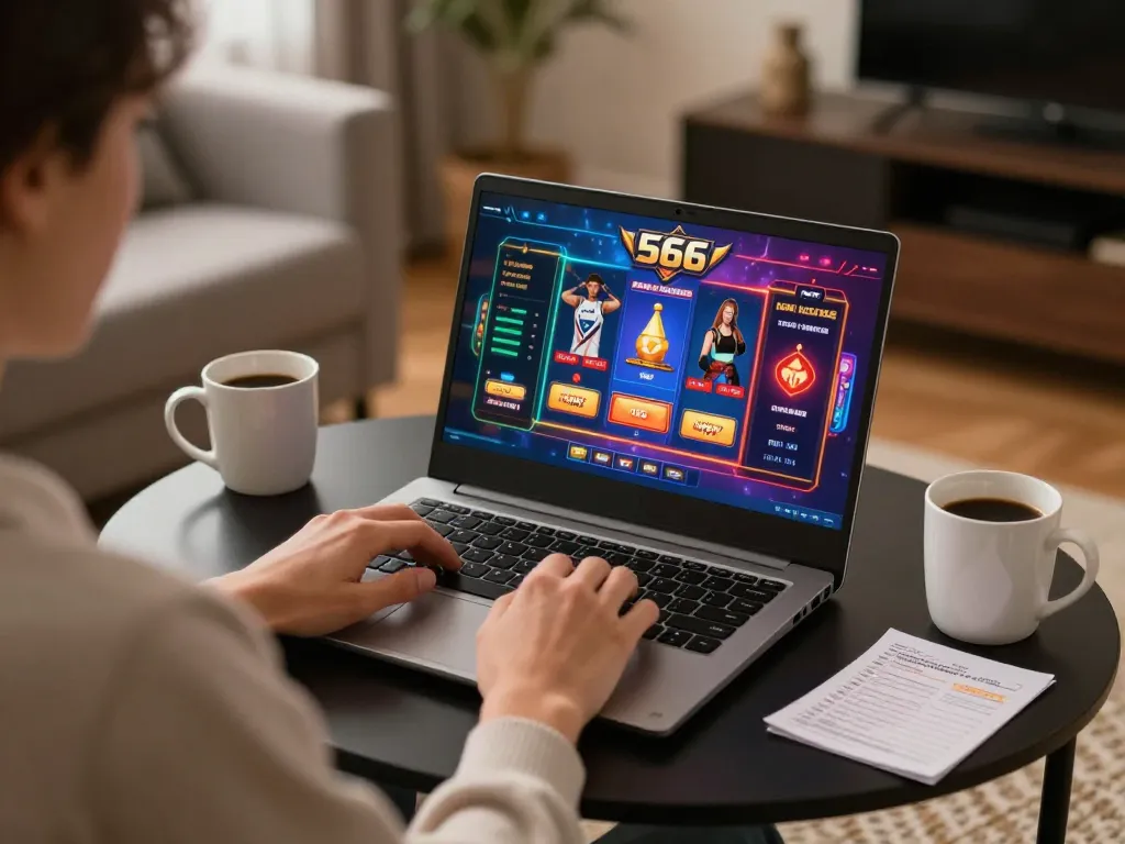 Logging into 566 on a laptop for exciting gaming action in a cozy home setup.