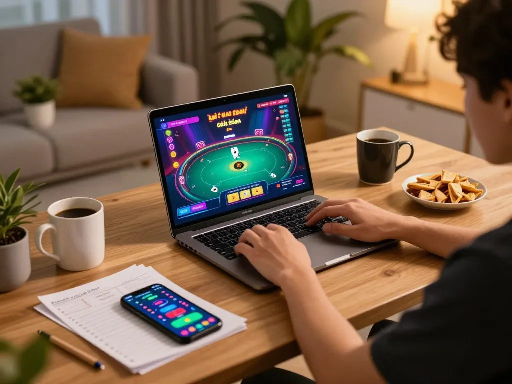 Engaging in top game bài đổi thưởng from a cozy home setup, showcasing poker strategy on laptop.