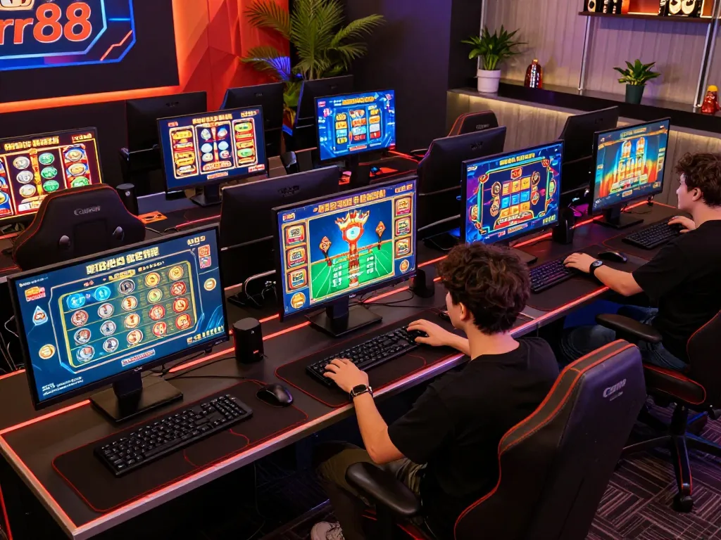 Engaging online casino gameplay at rr88 center with multiple screens and vibrant decor