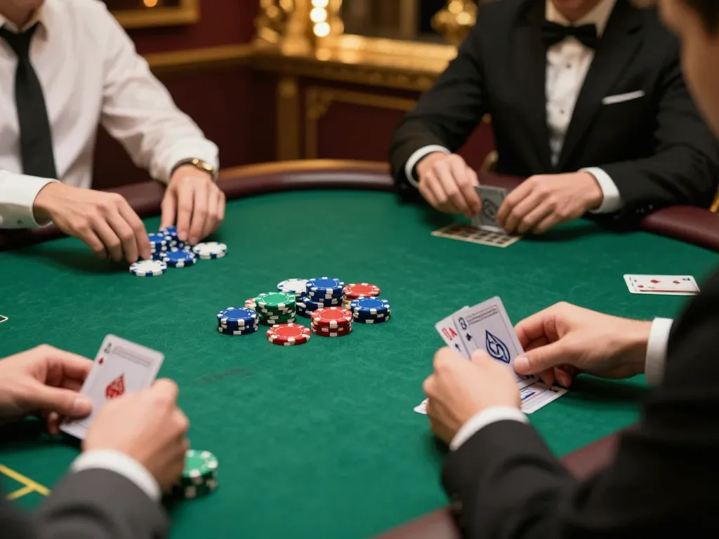 Players in a thrilling jun88 poker game focused on strategies at an elegantly lit table.