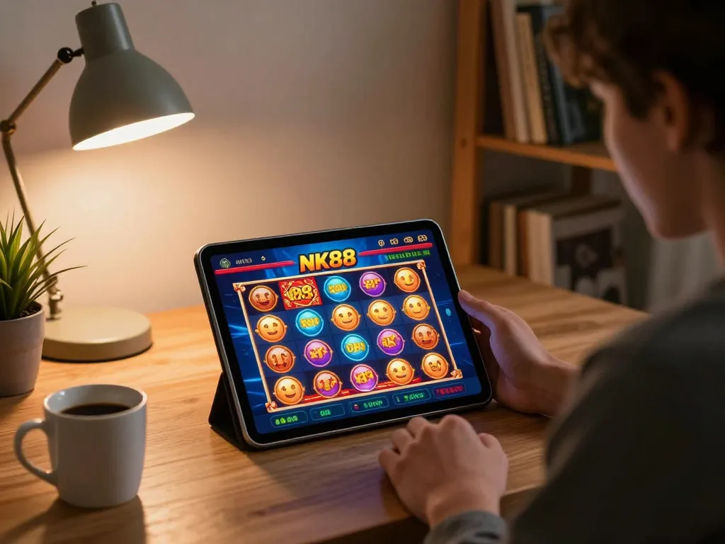 Player enjoying NK88 online slots on tablet in comfortable home office, showcasing vibrant game interface.
