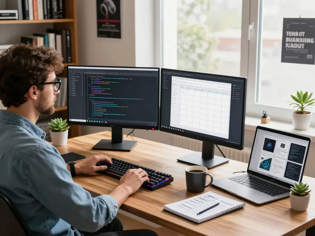 Developer using open claw AI assistant in a bright home office