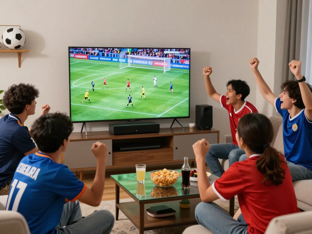 Fans enjoying live football on LuongSonTV in a lively living room.