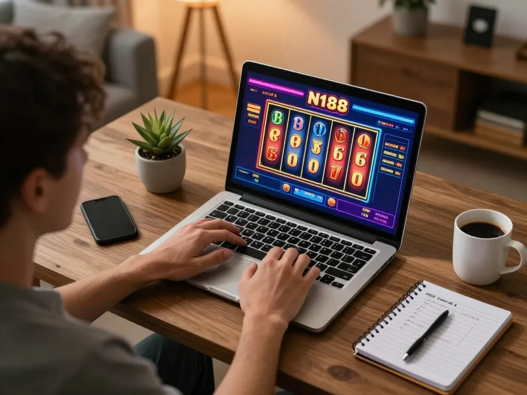 Engaging in N188 online casino gaming from home with laptop and dynamic slots