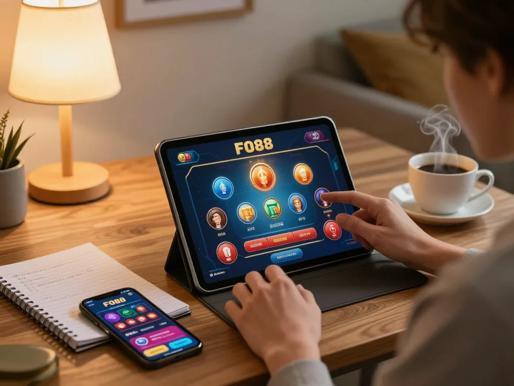 Experience FO88's online casino gaming with a tablet in a cozy home setting, showcasing strategic play.