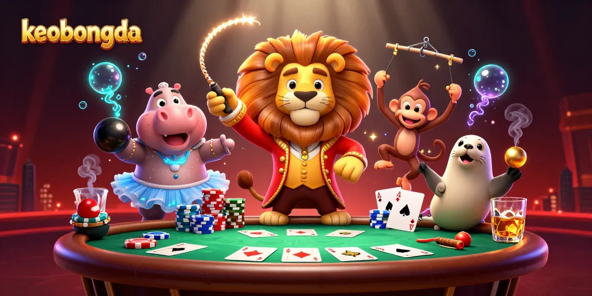 Engage in thrilling poker games with keobongda's colorful characters in a dynamic casino scene.