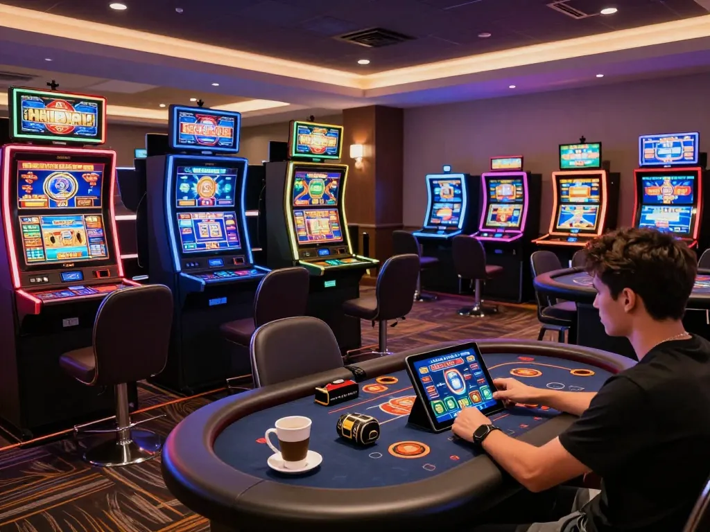 Open88 casino thrilling online gameplay with colorful slot machines and engaging tablet use.