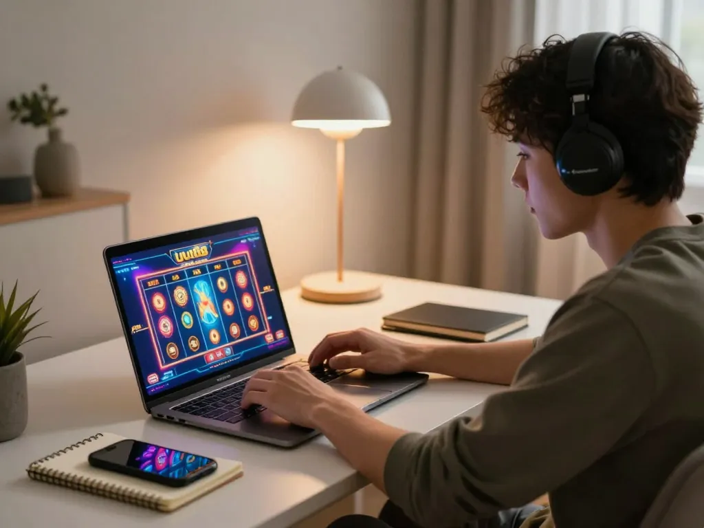 Engaging in online gambling with uu88, focusing on vibrant slot game on laptop