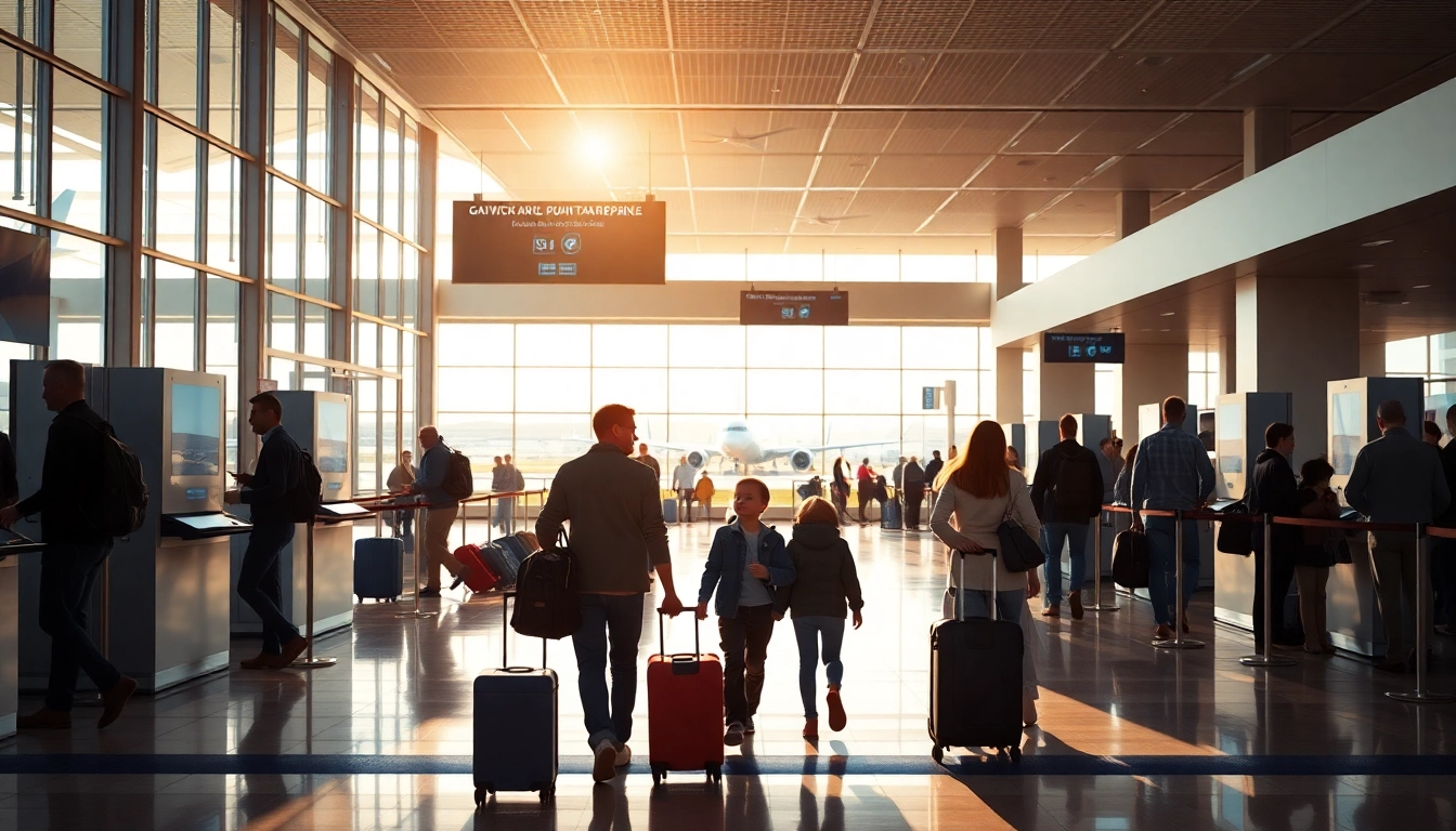 Transit passengers navigating through Gatwick airport's busy terminal.