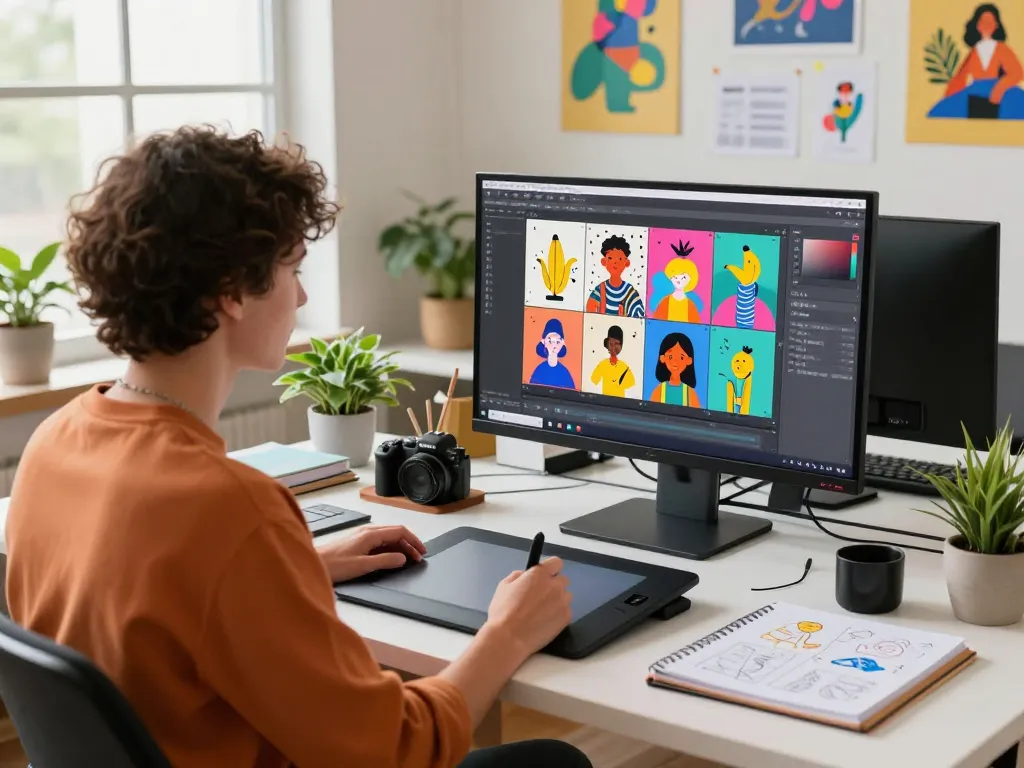 Designer using nano banana pro in a vibrant workspace, showcasing AI image editing creativity.