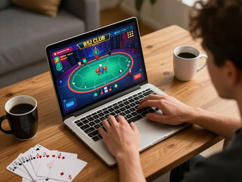 B52 club poker gameplay on laptop showcasing strategic betting by a focused player in a cozy home office.