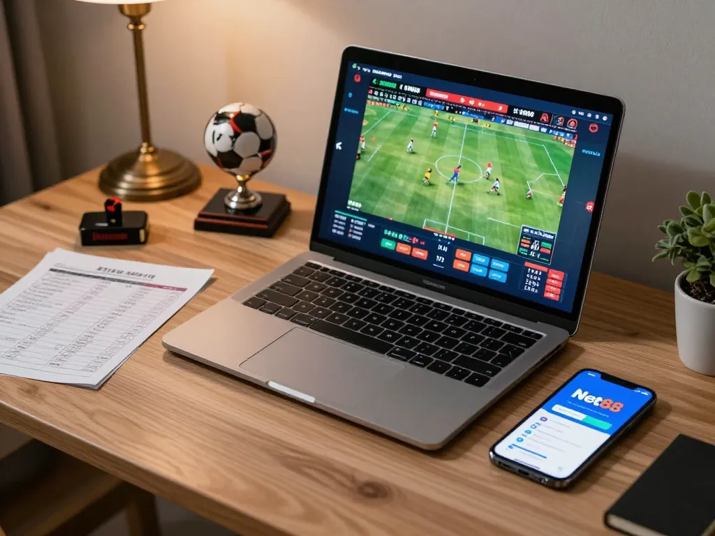 Engaging online sports betting with Net88 app displayed on devices in a cozy sports-themed setting.