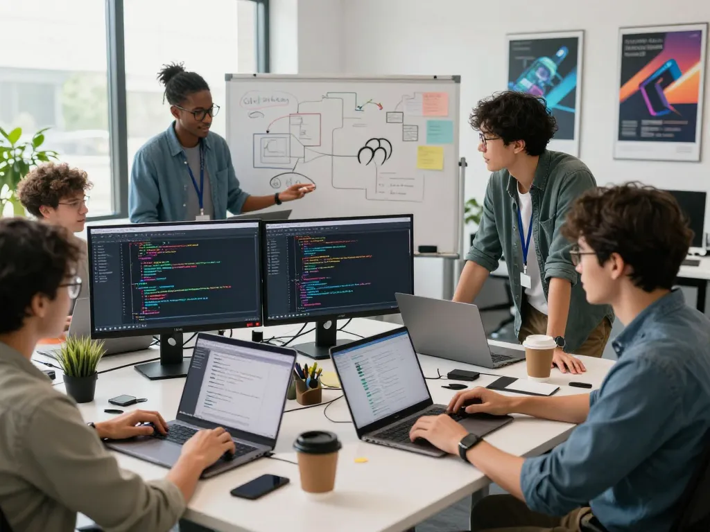 Collaborative tech team coding together on open claw AI projects in modern office.