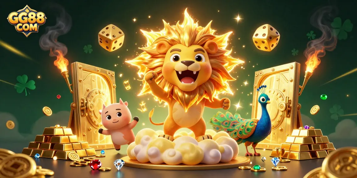 Experience excitement at GG88 COM with vibrant casino games and treasure bursting from golden vaults.