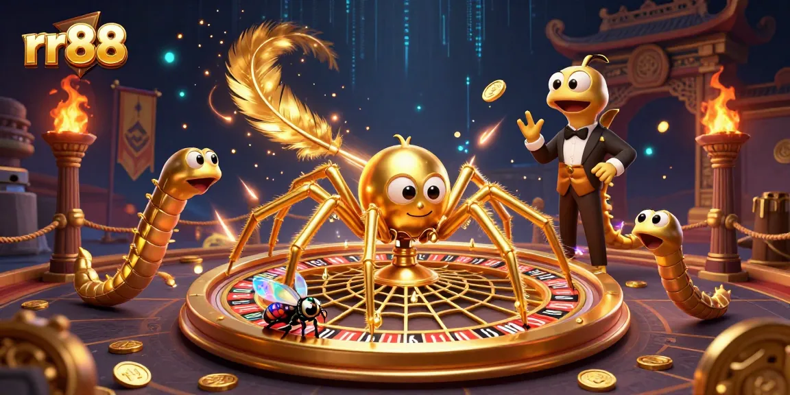 Engage in thrilling roulette action at rr88 with a colorful golden web and energetic characters.