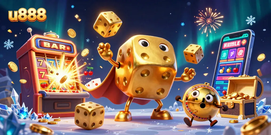Experience the thrilling action of u888 with a vibrant 3D casino world featuring golden dice and slot machines.
