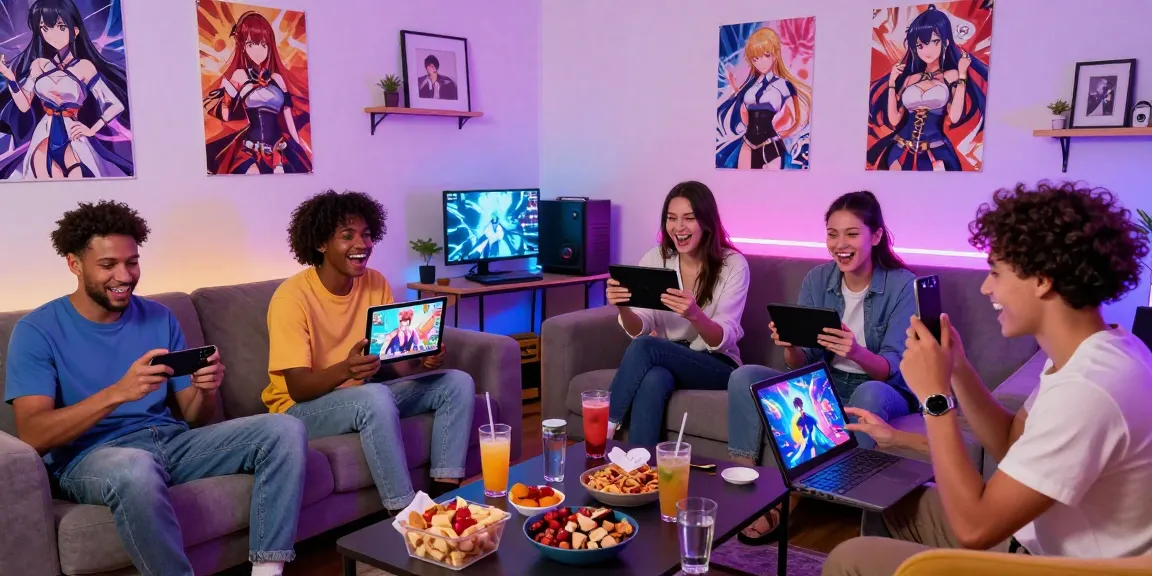 Friends enjoying a hentai game together in a vibrant living room setting with snacks and gaming devices.