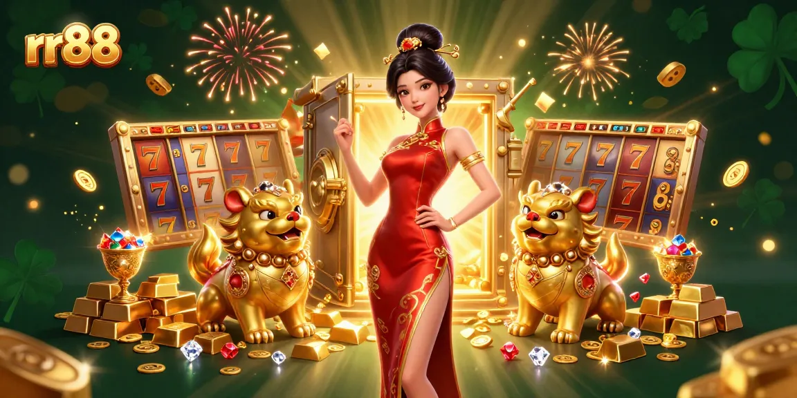 Play slots at rr88 with a glamorous Asian woman and golden foo dog guardians under sparkling fireworks.