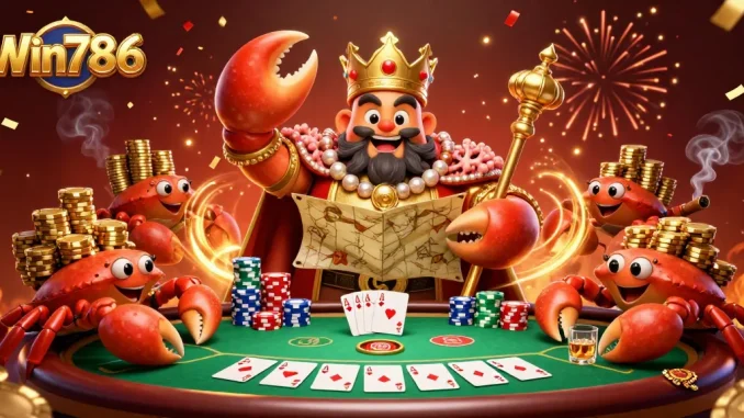 Win786 showcases an engaging casino scene with a golden crab emperor, poker visuals, and festive elements.