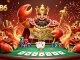Win786 showcases an engaging casino scene with a golden crab emperor, poker visuals, and festive elements.